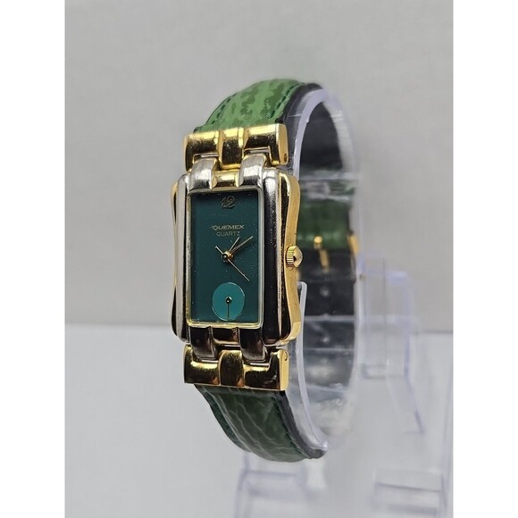 Quemex Art Deco Tank Watch Green Dial Two Tone Gold Silver Quartz New Battery - Picture 2 of 11